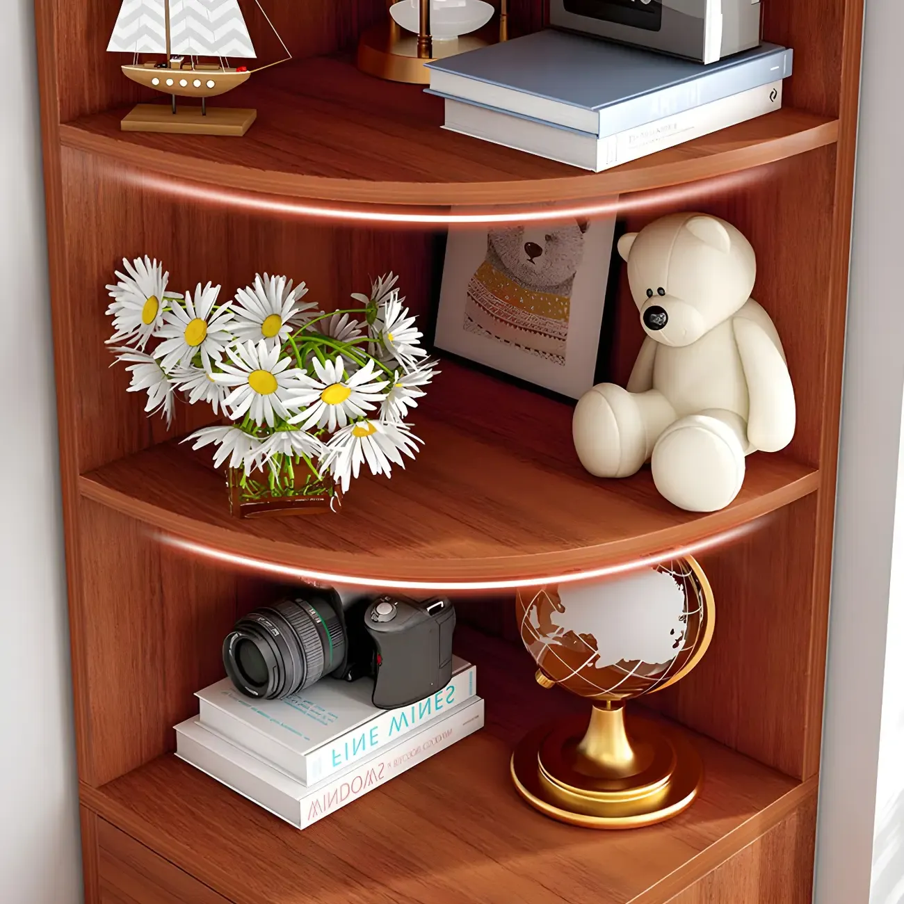 Contemporary White Wood Corner Bookcase with Cabinet Image - 11