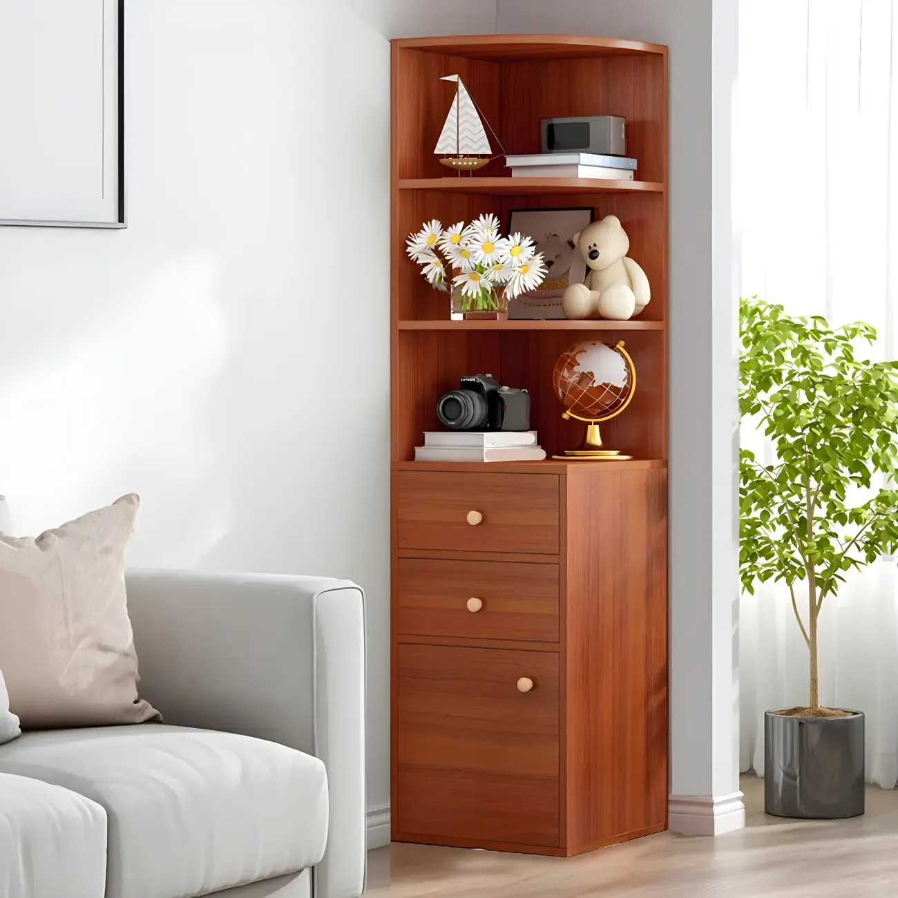 Contemporary White Wood Corner Bookcase with Cabinet Image - 12