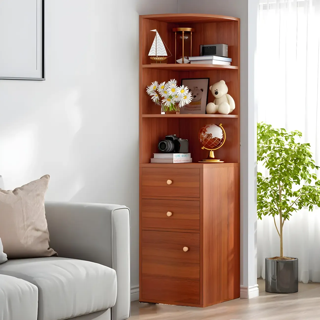 Contemporary White Wood Corner Bookcase with Cabinet Image - 13