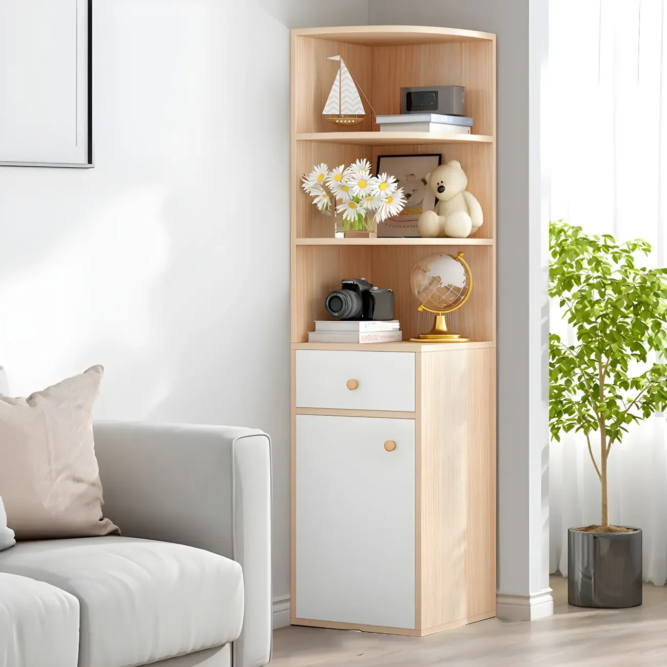 Contemporary White Wood Corner Bookcase with Cabinet Image - 15
