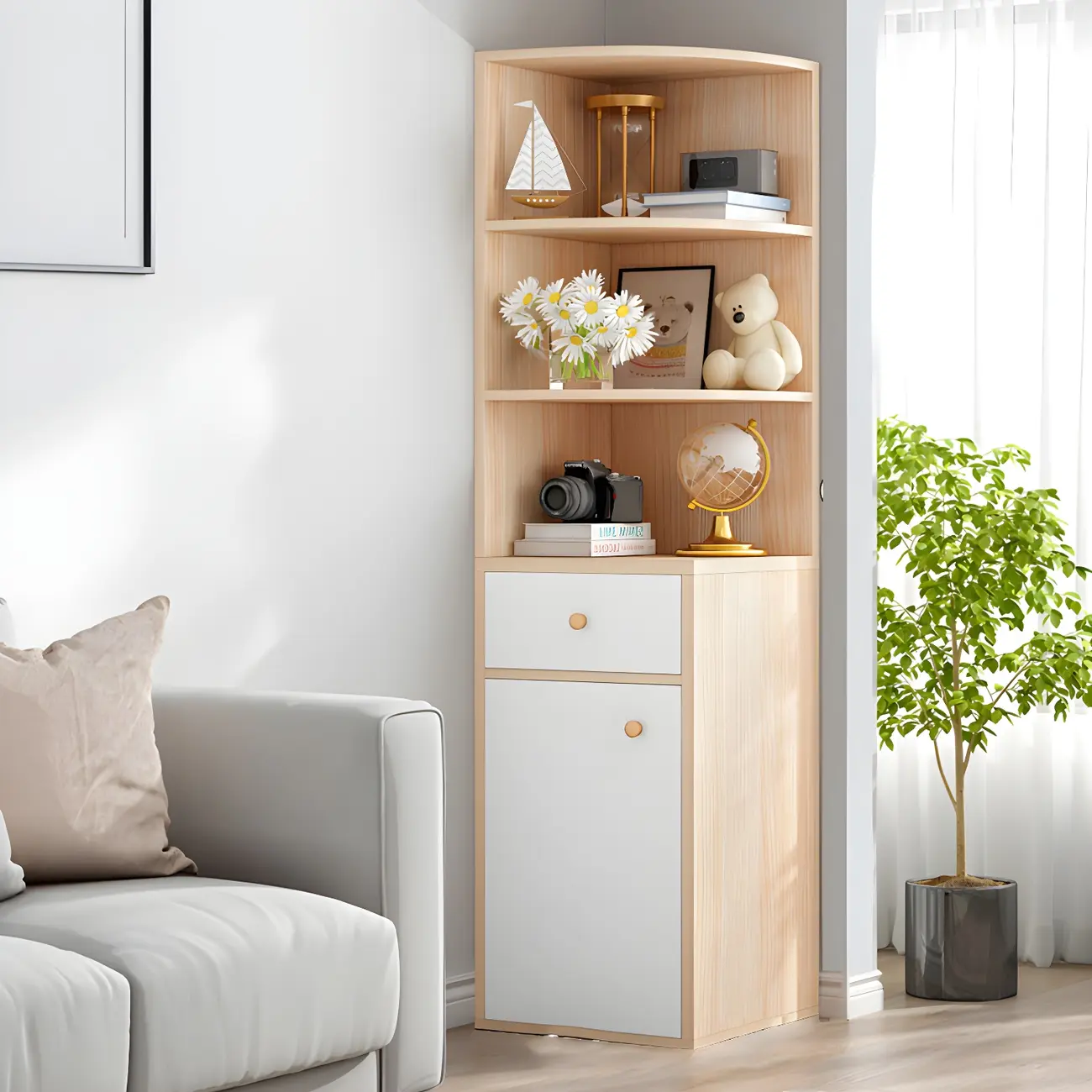 Contemporary White Wood Corner Bookcase with Cabinet Image - 17 | homeyfad