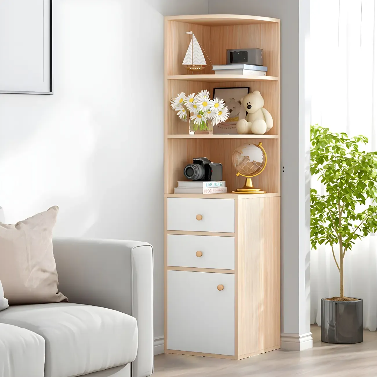Contemporary White Wood Corner Bookcase with Cabinet Image - 19