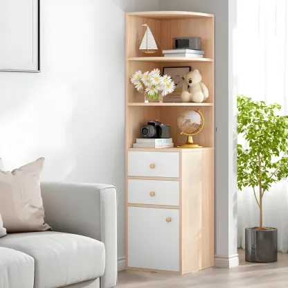Contemporary White Wood Corner Bookcase with Cabinet Image - 19