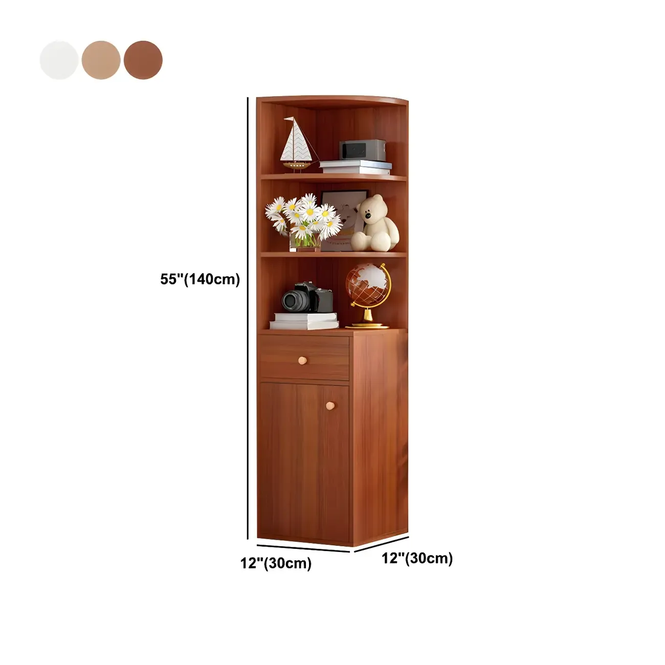 Contemporary White Wood Corner Bookcase with Cabinet #size