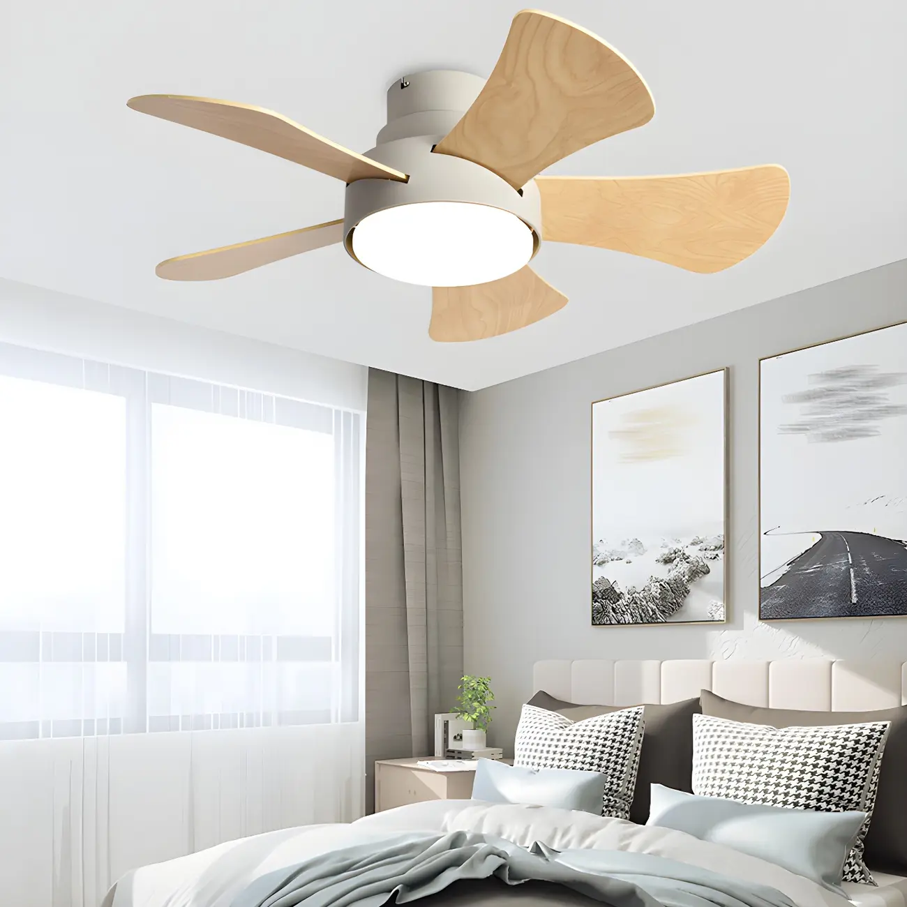 Modern Wood Blade LED Flush Mount Ceiling Fan with Light Image - 2 | homeyfad