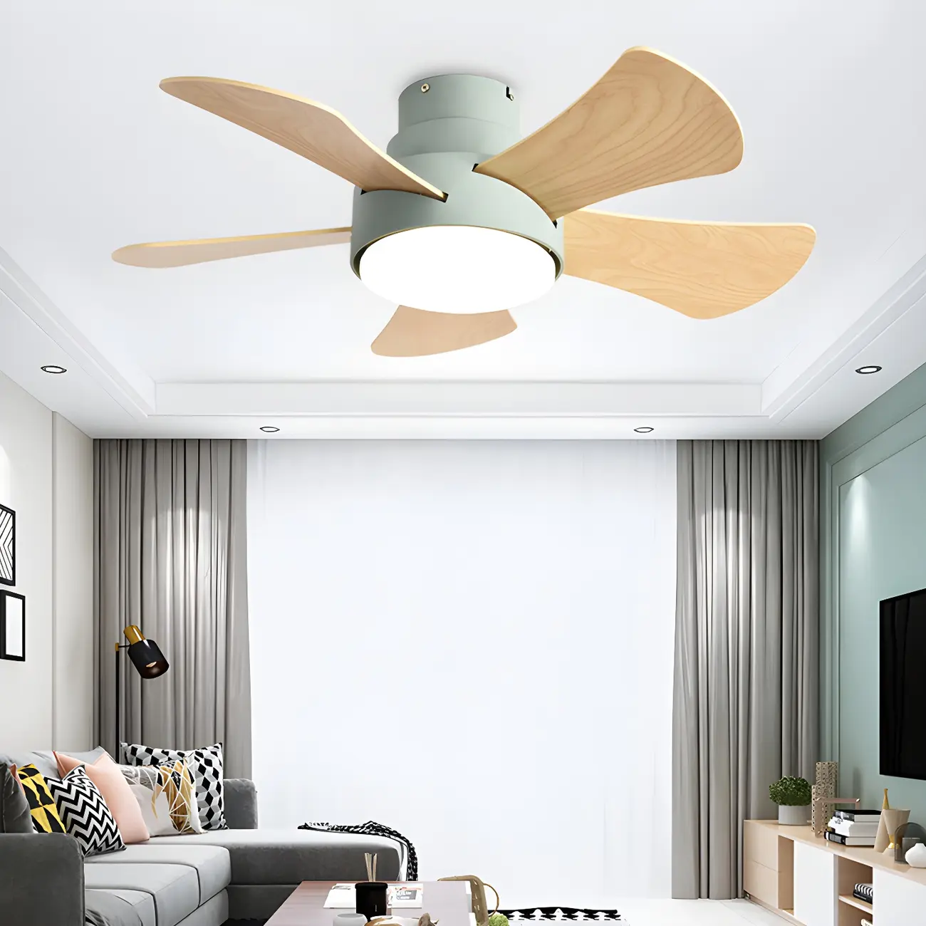 Modern Wood Blade LED Flush Mount Ceiling Fan with Light Image - 1 | homeyfad