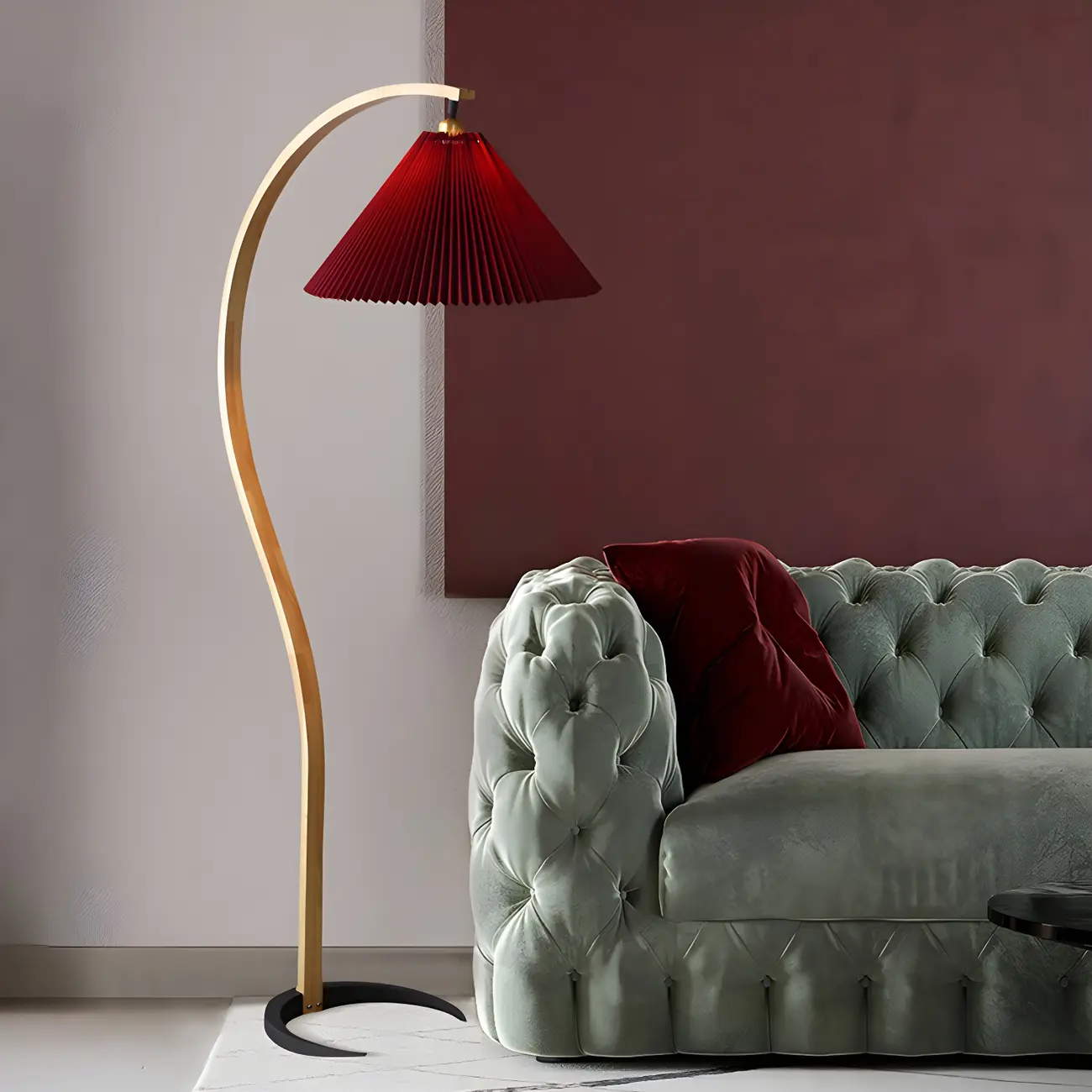 Classic Red Pleated Shade Curved Wooden Floor Lamp Image - 1 | homeyfad