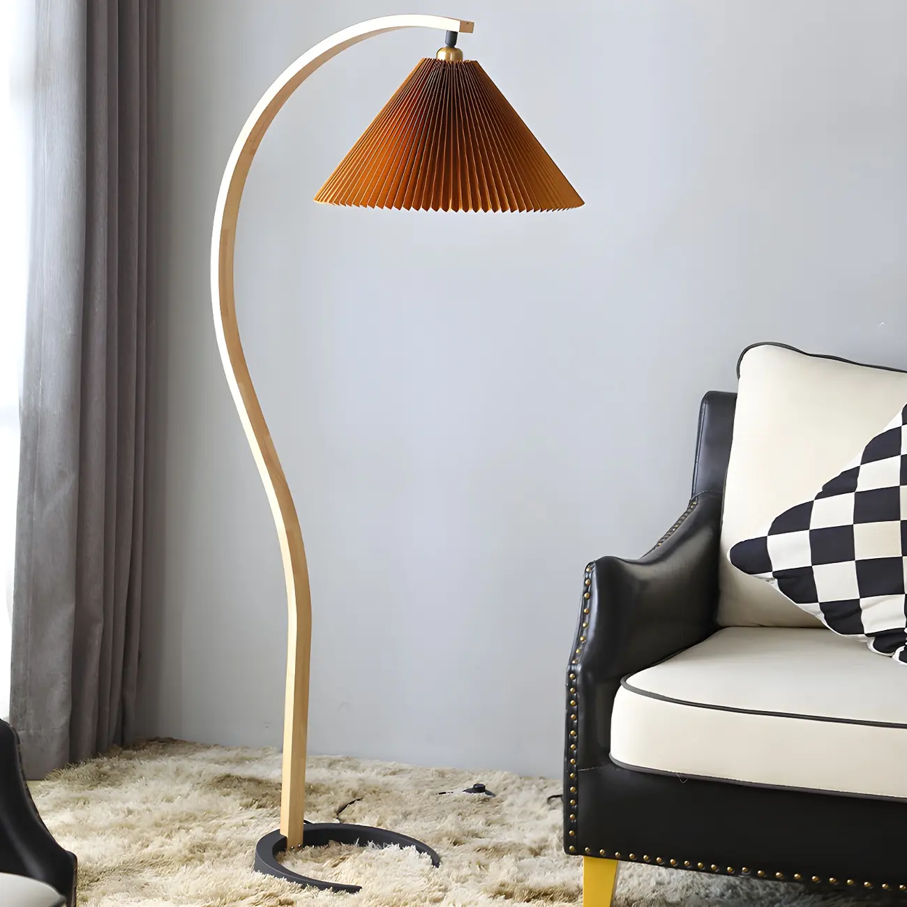 Classic Red Pleated Shade Curved Wooden Floor Lamp Image - 2 | homeyfad