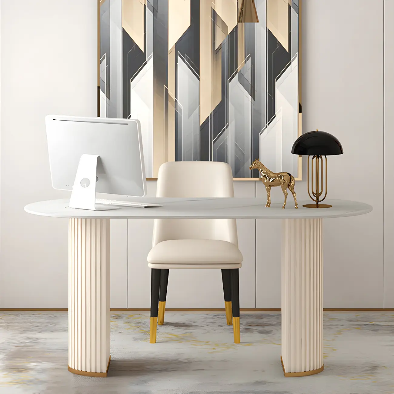 Glam Metal Mirrored Oval Executive Office Desk with Storage Image - 2 | homeyfad