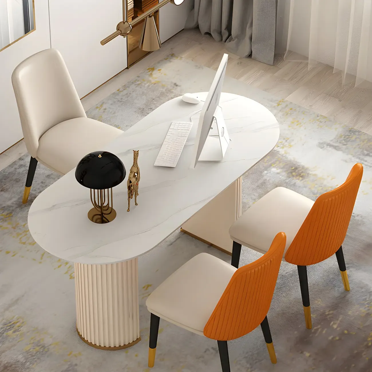 Glam Metal Mirrored Oval Executive Office Desk with Storage Image - 4