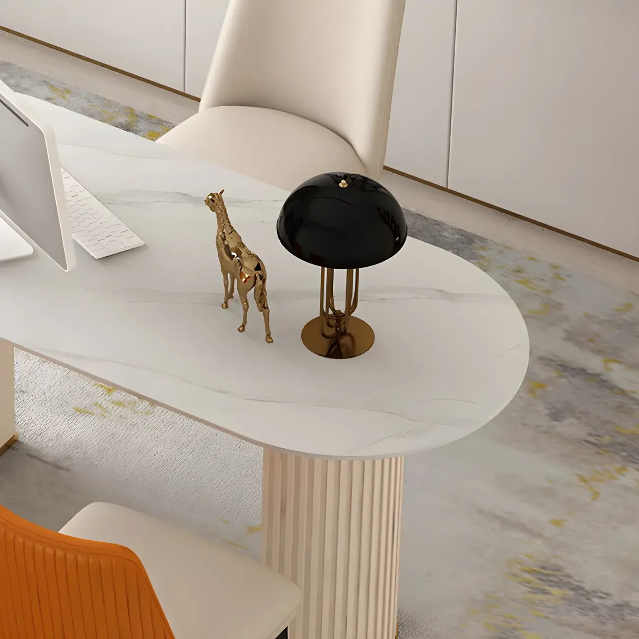 Glam Metal Mirrored Oval Executive Office Desk with Storage Image - 7