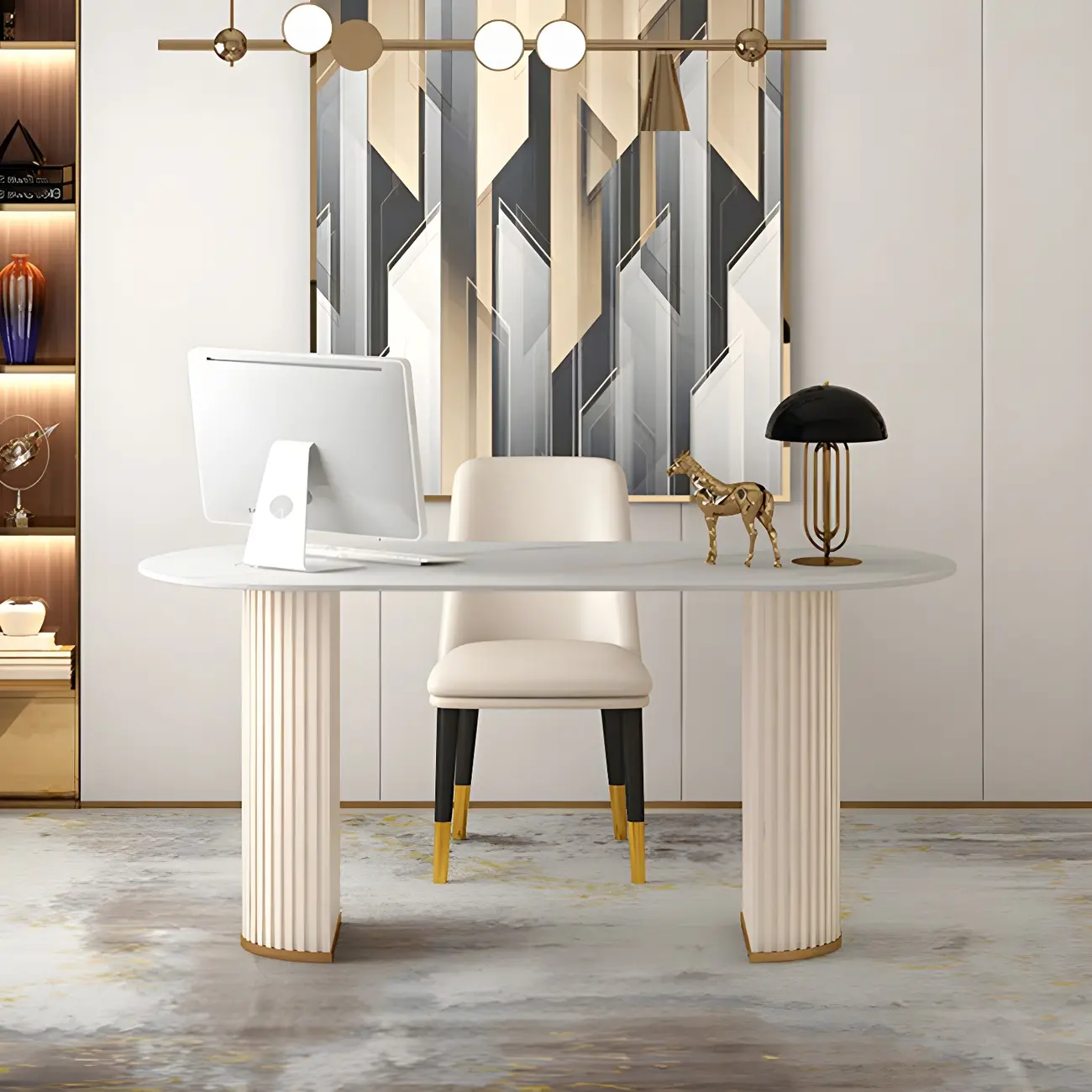 Glam Metal Mirrored Oval Executive Office Desk with Storage Image - 9 | homeyfad