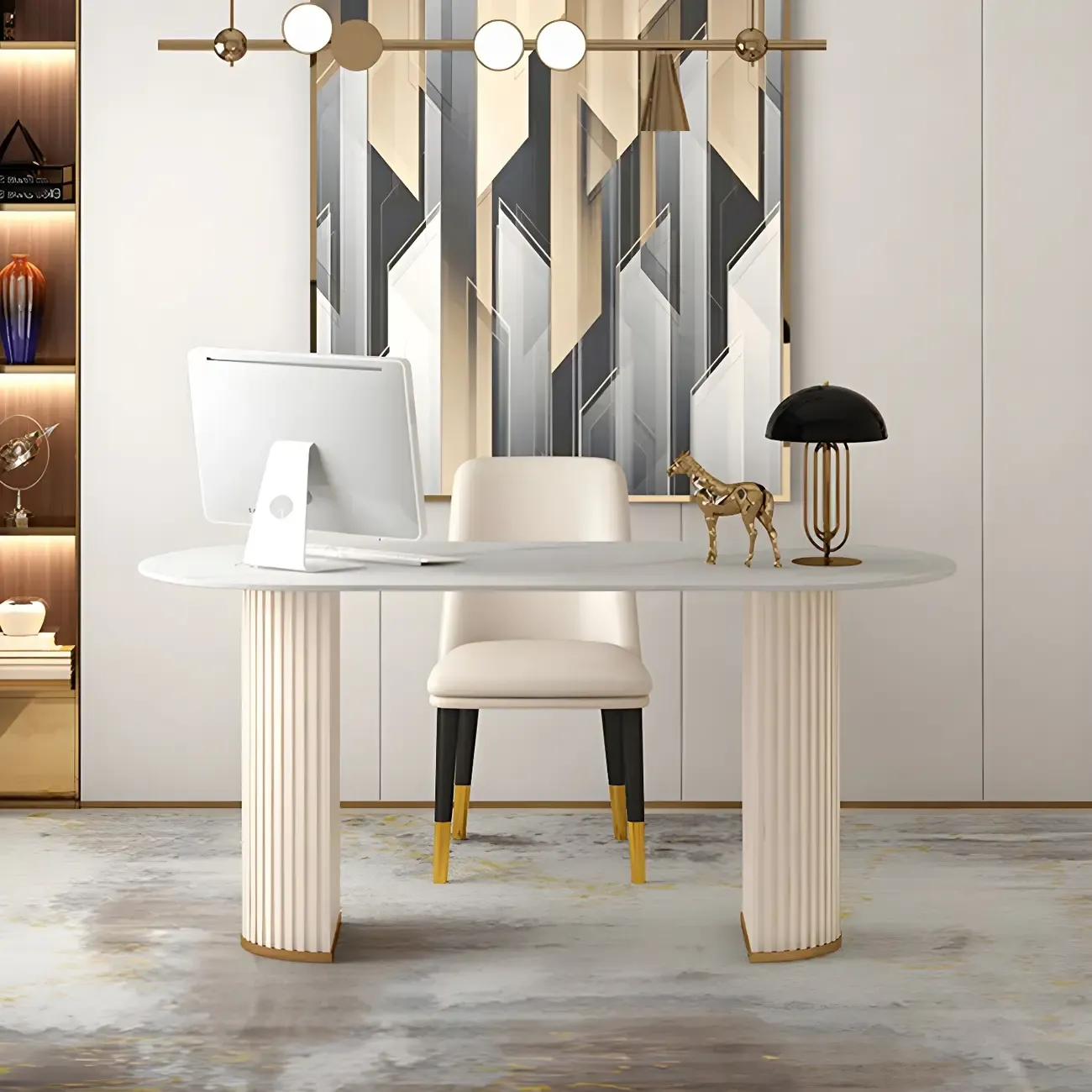 Glam Metal Mirrored Oval Executive Office Desk with Storage Image - 9