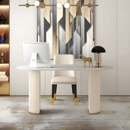 Glam Metal Mirrored Oval Executive Office Desk with Storage Image - 9