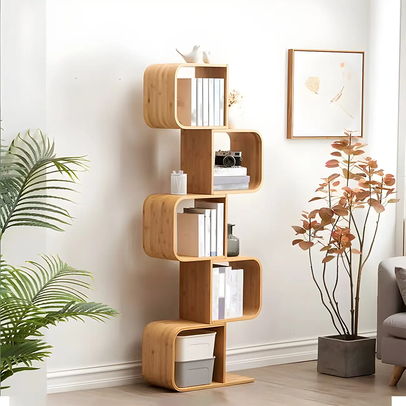 Geometric Natural Finish Bamboo Wood Vertical Bookcase Image - 1 | homeyfad