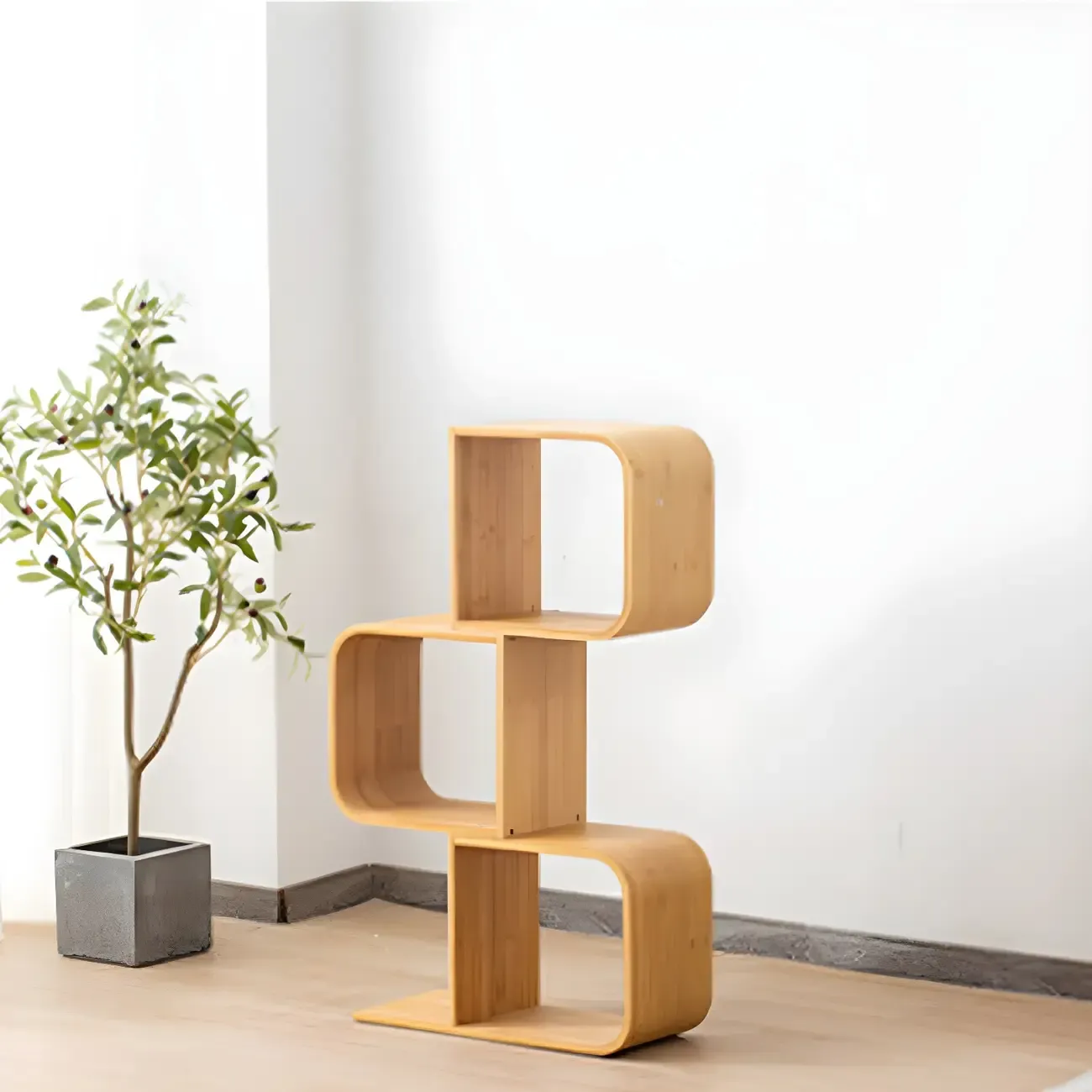 Geometric Natural Finish Bamboo Wood Vertical Bookcase Image - 3