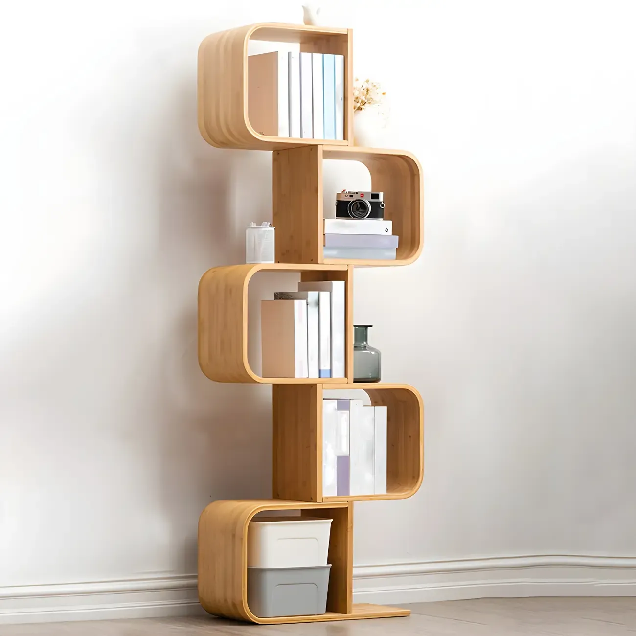 Geometric Natural Finish Bamboo Wood Vertical Bookcase Image - 4
