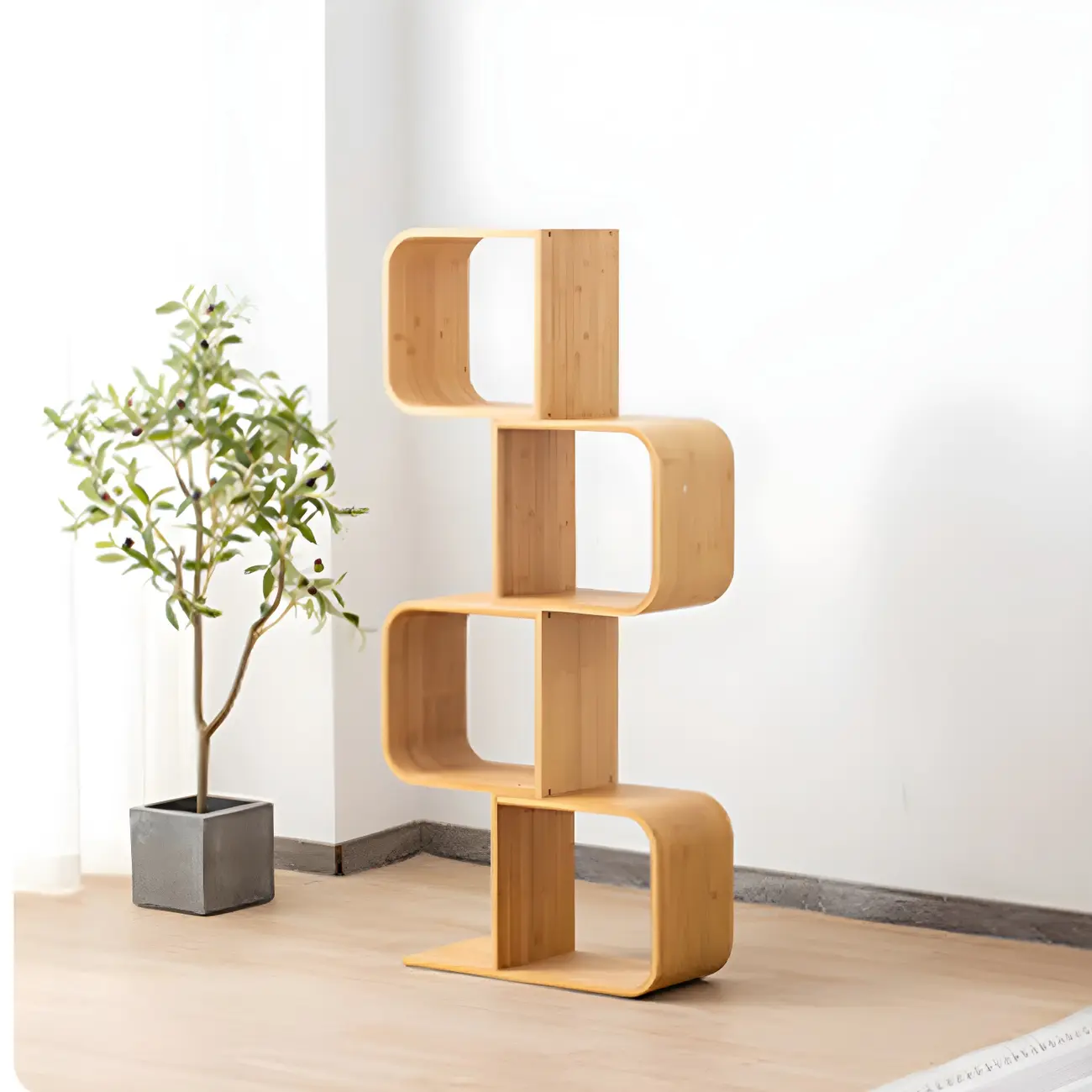 Geometric Natural Finish Bamboo Wood Vertical Bookcase Image - 5 | homeyfad