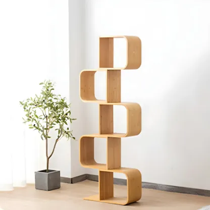 Geometric Natural Finish Bamboo Wood Vertical Bookcase Image - 7