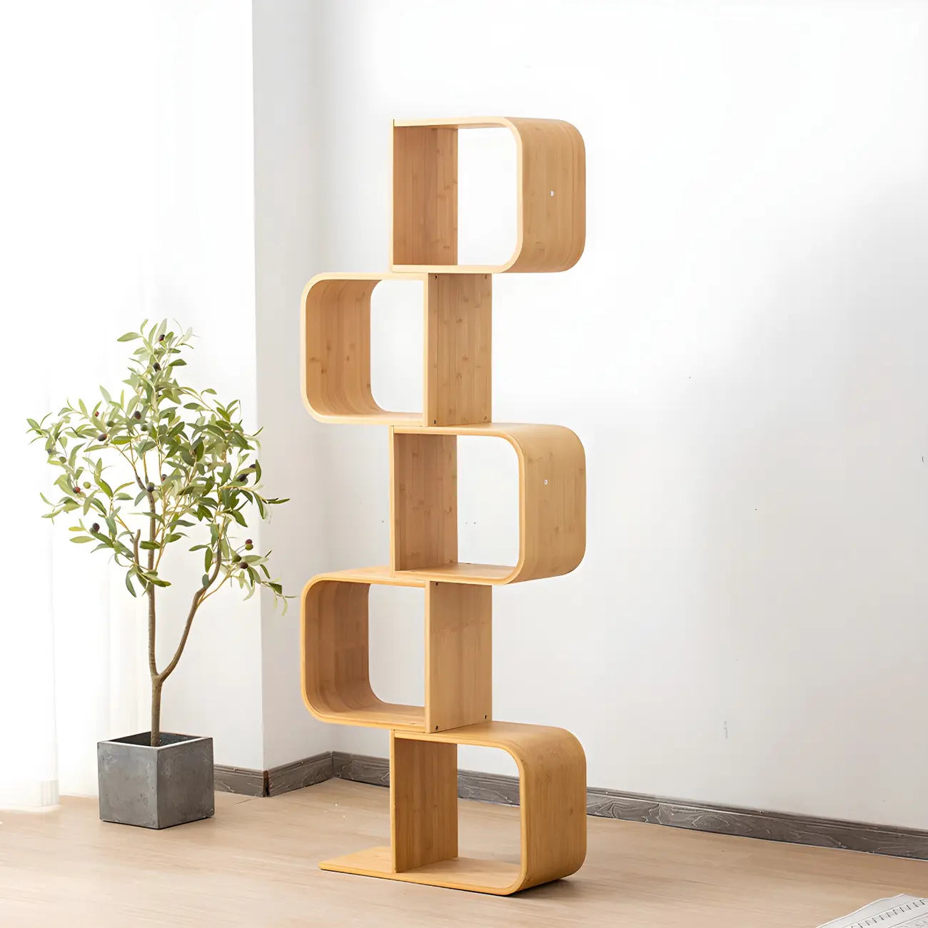 Geometric Natural Finish Bamboo Wood Vertical Bookcase Image - 8 | homeyfad