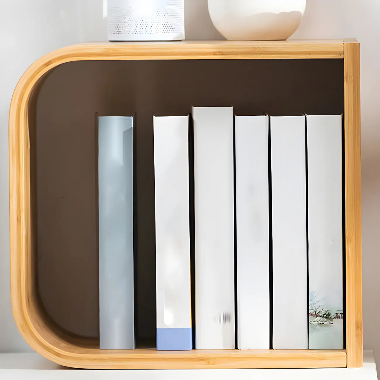 Geometric Natural Finish Bamboo Wood Vertical Bookcase Image - 13 | homeyfad