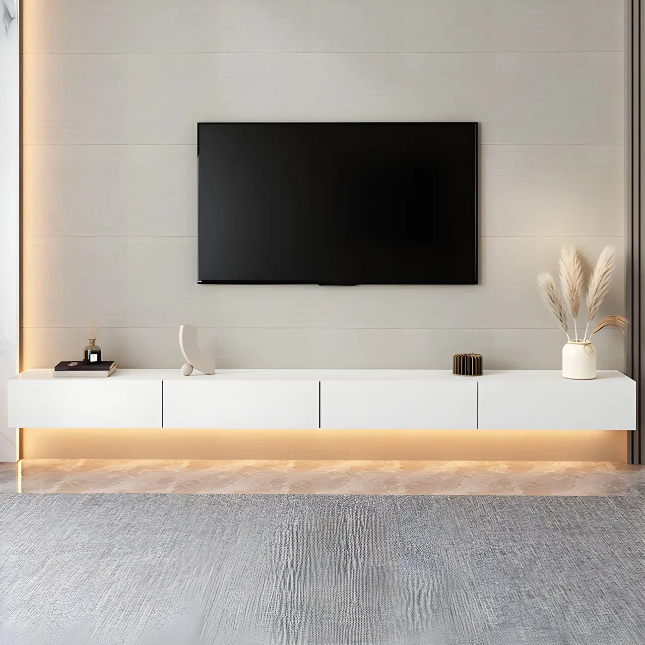 Contemporary Wooden Floating TV Stand in White with Lighting Image - 1 | homeyfad