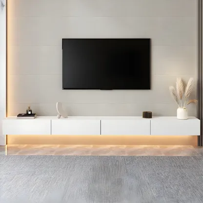 Contemporary Wooden Floating TV Stand in White with Lighting Image - 1