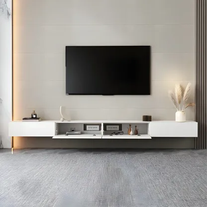 Contemporary Wooden Floating TV Stand in White with Lighting Image - 3