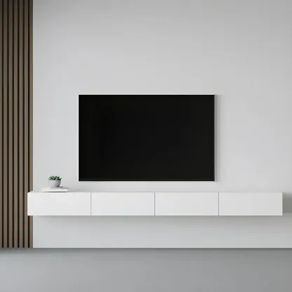 Contemporary Wooden Floating TV Stand in White with Lighting Image - 5