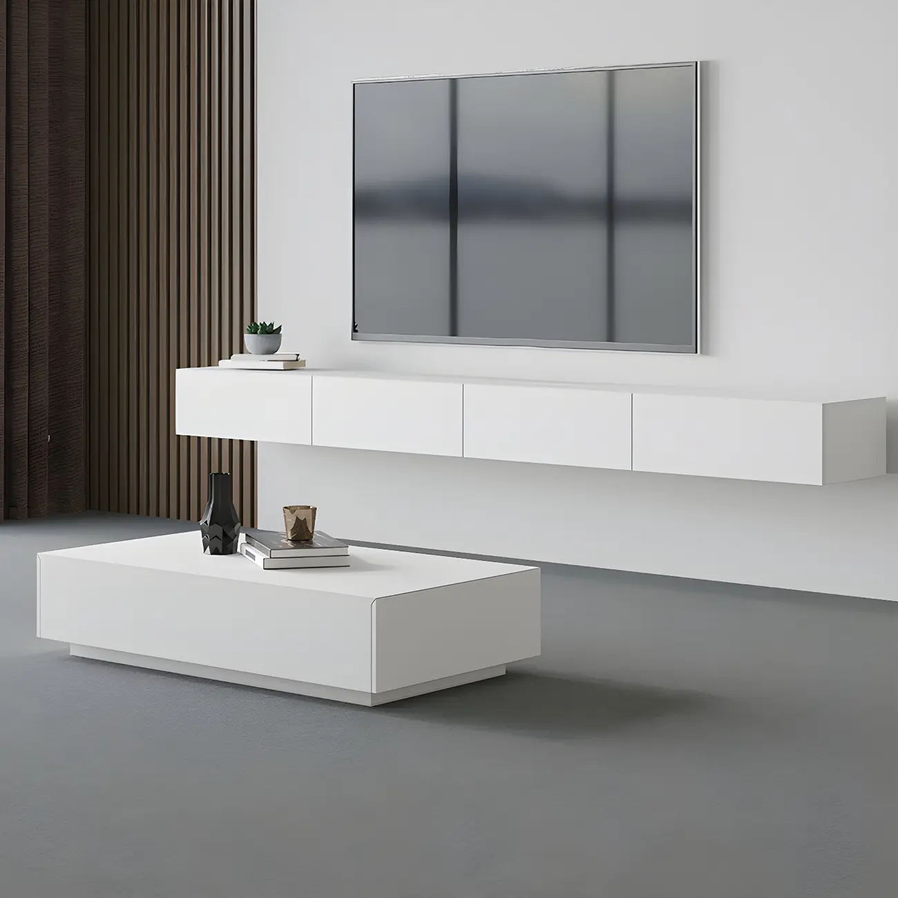 Contemporary Wooden Floating TV Stand in White with Lighting Image - 6 | homeyfad