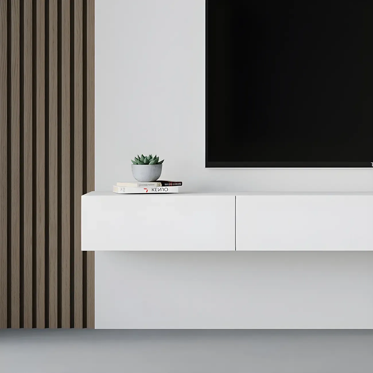 Contemporary Wooden Floating TV Stand in White with Lighting Image - 11