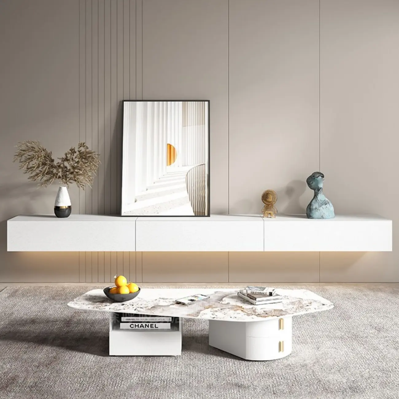 Contemporary Wooden Floating TV Stand in White with Lighting Image - 12 | homeyfad