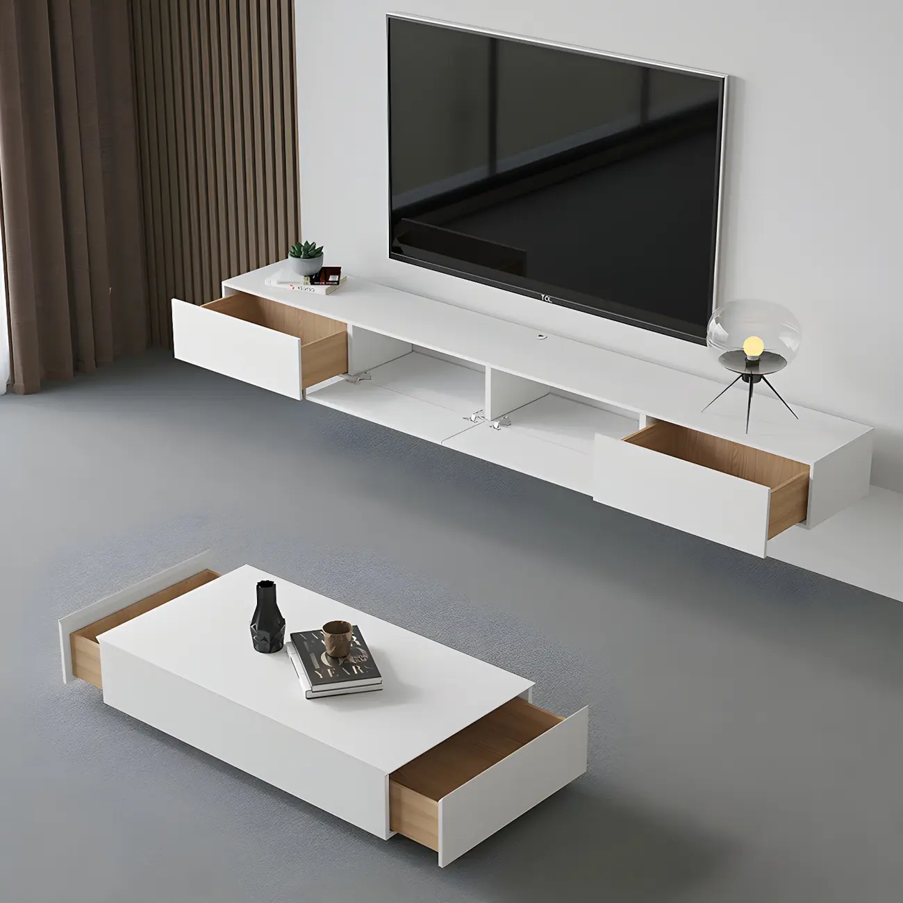 Contemporary Wooden Floating TV Stand in White with Lighting Image - 2 | homeyfad
