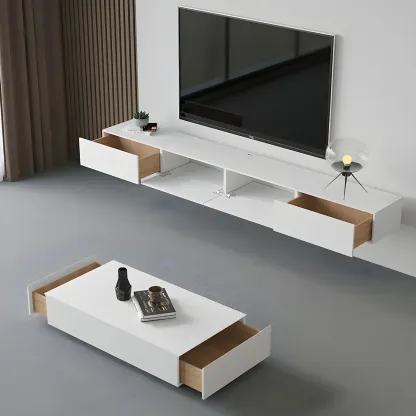Contemporary Wooden Floating TV Stand in White with Lighting Image - 2