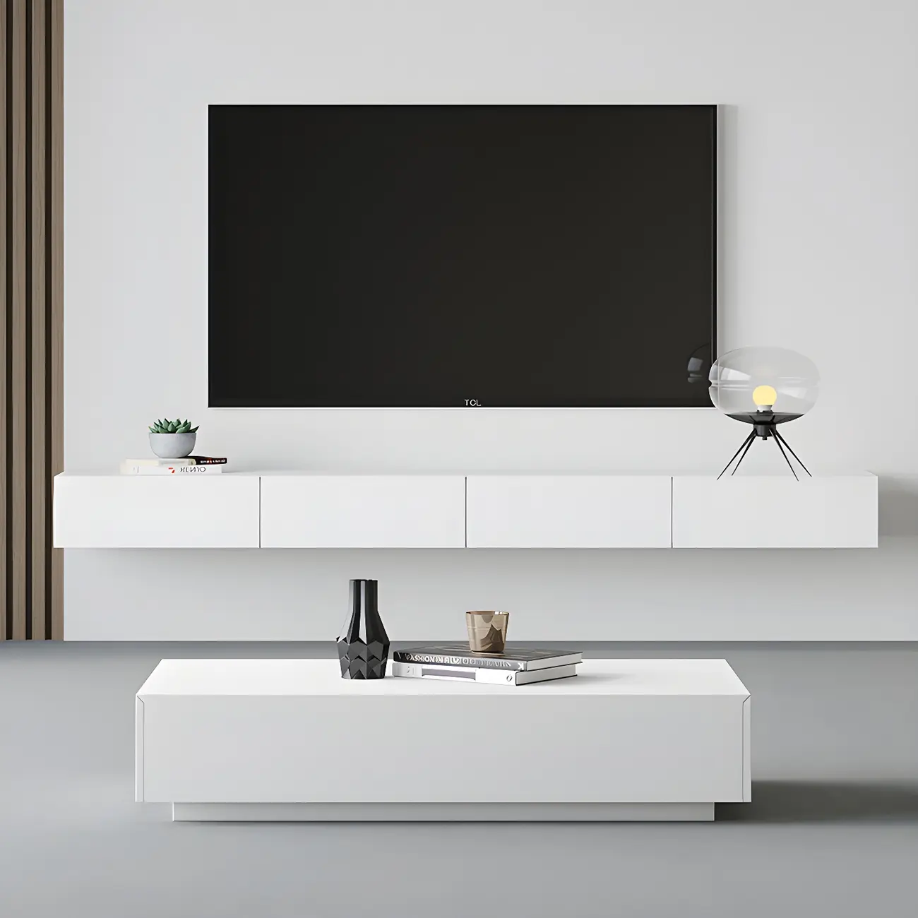Contemporary Wooden Floating TV Stand in White with Lighting Image - 13 | homeyfad