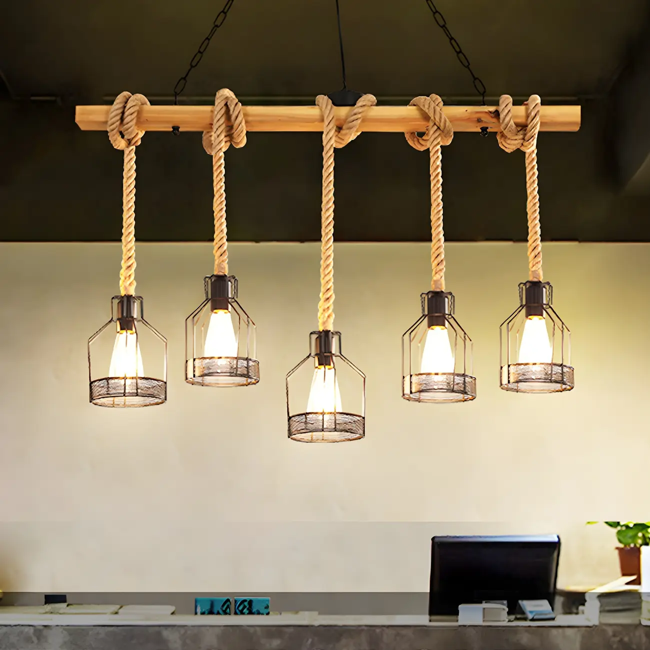 Industrial Bottle Pendant Light with Rope Decor  Image - 2 | homeyfad