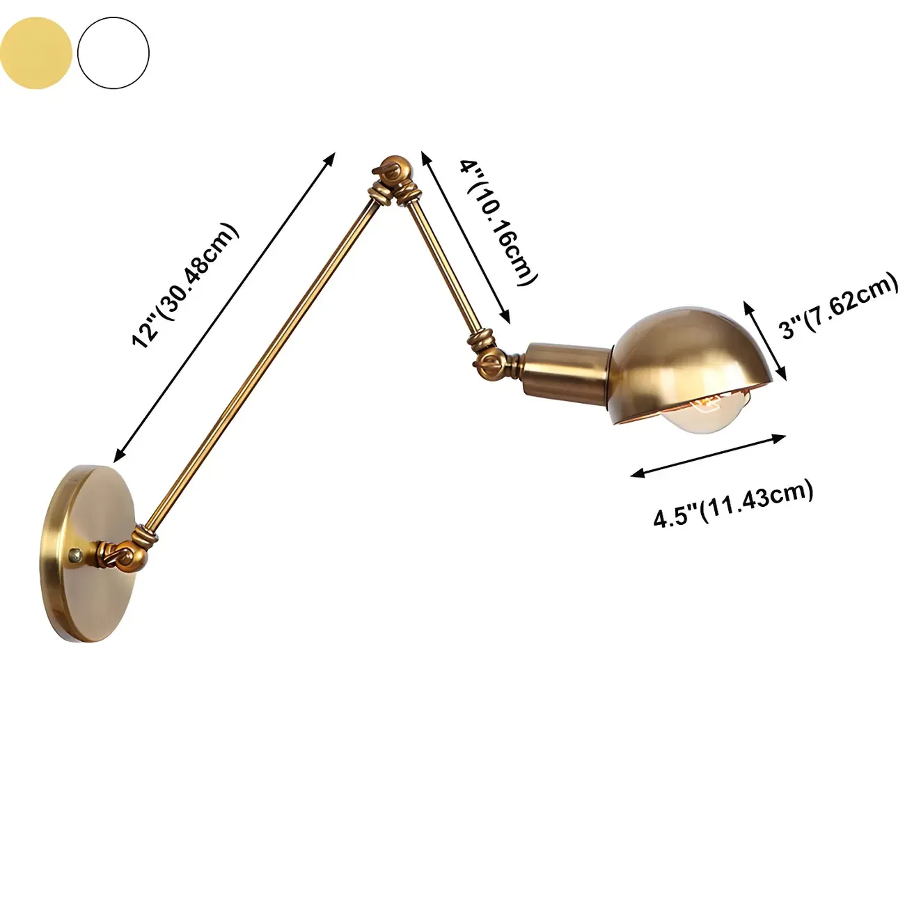 Gold and White Dome Swing Arm Wall Light #size