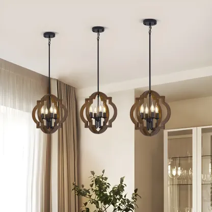 Wooden Geometric Iron Modern Linear Chandelier Light Image - 3