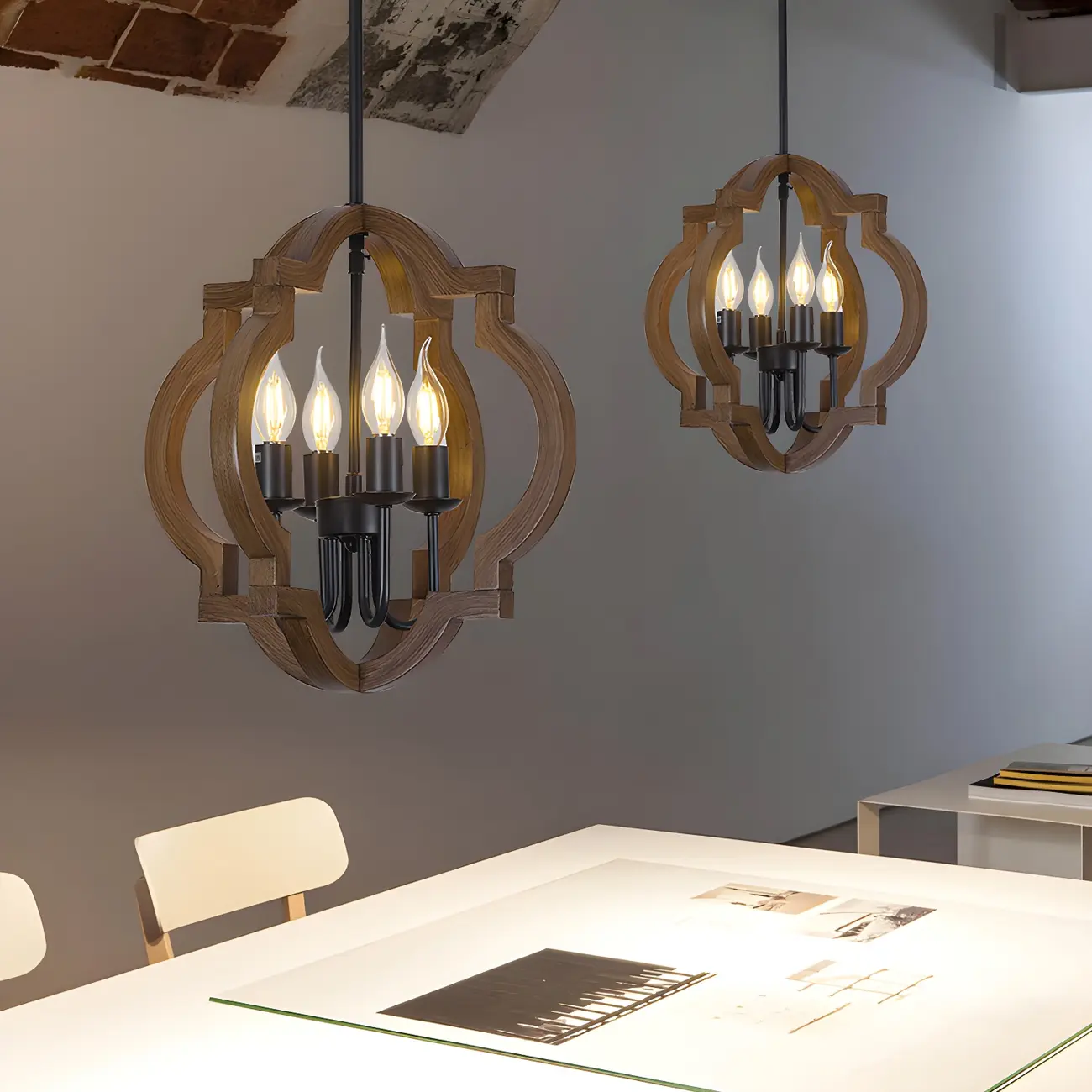 Wooden Geometric Iron Modern Linear Chandelier Light Image - 5 | homeyfad