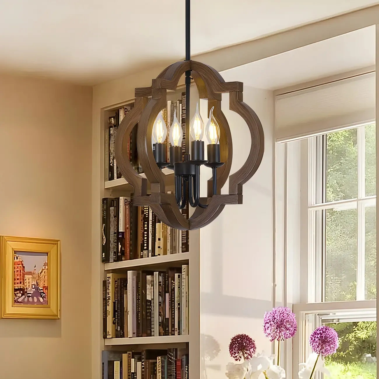 Wooden Geometric Iron Modern Linear Chandelier Light Image - 4