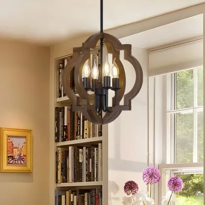 Wooden Geometric Iron Modern Linear Chandelier Light Image - 4