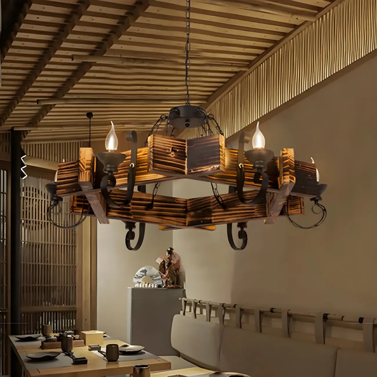 Industrial Vintage Iron Pendant Light Wooden Geometric Hanging Lamp for Commercial Place