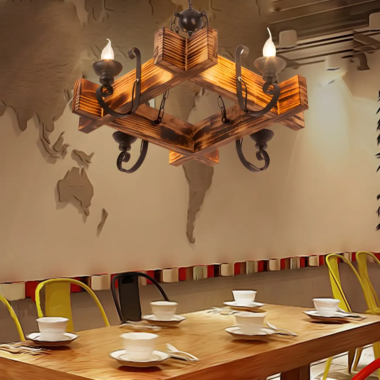 Industrial Vintage Iron Pendant Light Wooden Geometric Hanging Lamp for Commercial Place