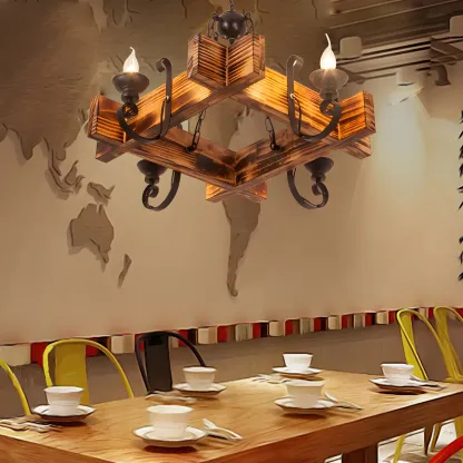 Industrial Vintage Iron Pendant Light Wooden Geometric Hanging Lamp for Commercial Place