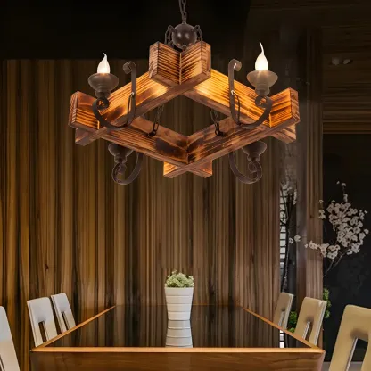 Industrial Vintage Iron Pendant Light Wooden Geometric Hanging Lamp for Commercial Place