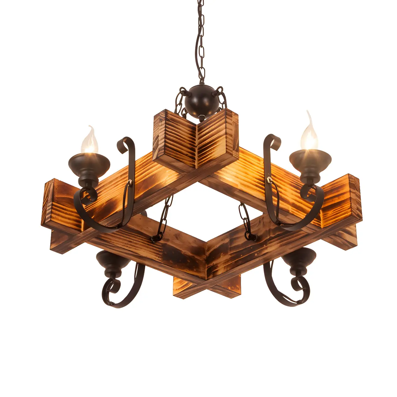 Industrial Vintage Iron Pendant Light Wooden Geometric Hanging Lamp for Commercial Place | homeyfad