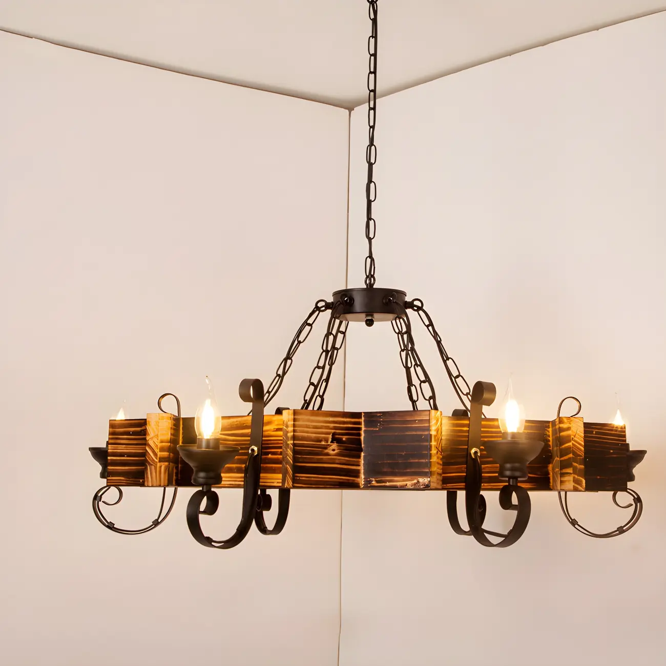 Industrial Vintage Iron Pendant Light Wooden Geometric Hanging Lamp for Commercial Place | homeyfad