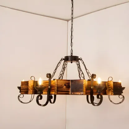 Industrial Vintage Iron Pendant Light Wooden Geometric Hanging Lamp for Commercial Place