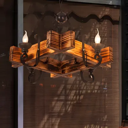 Industrial Vintage Iron Pendant Light Wooden Geometric Hanging Lamp for Commercial Place