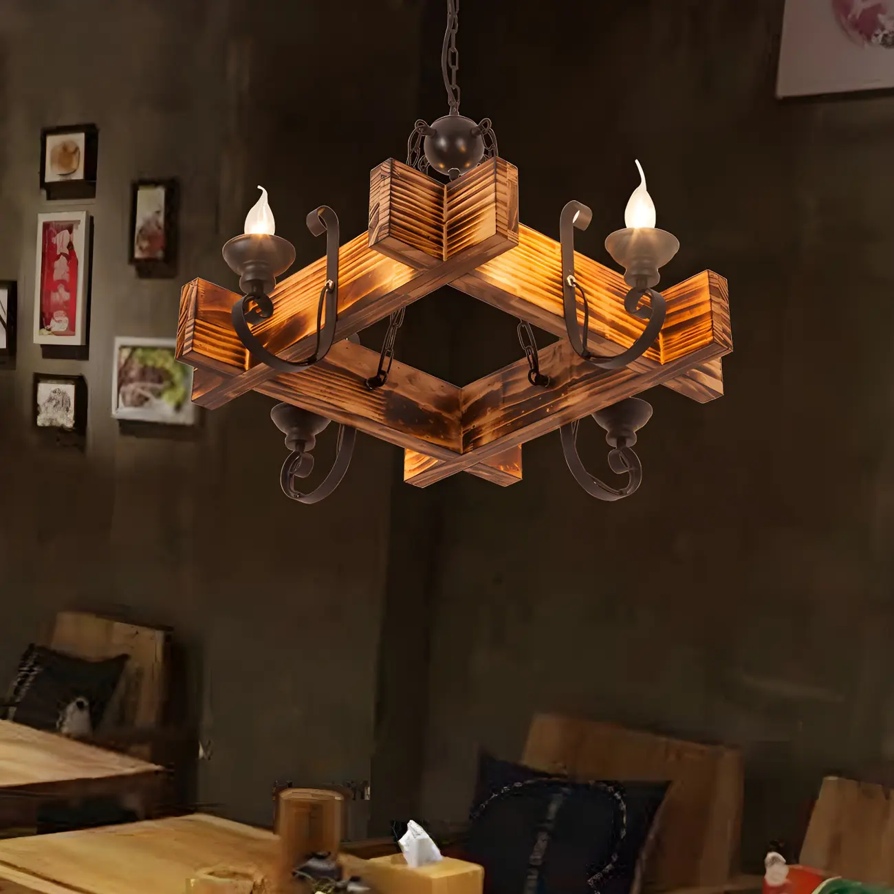 Industrial Vintage Iron Pendant Light Wooden Geometric Hanging Lamp for Commercial Place | homeyfad